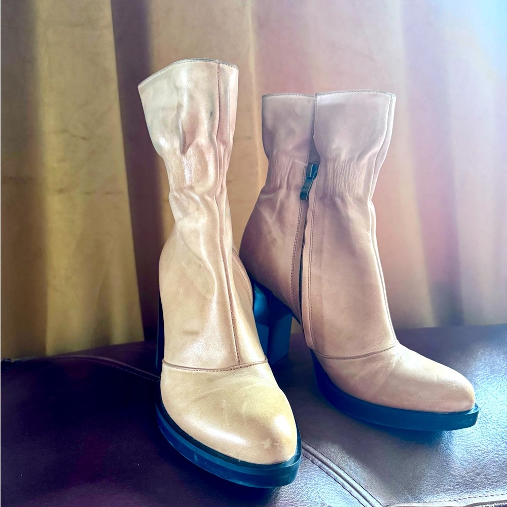 Buttery beige heeled leather boots